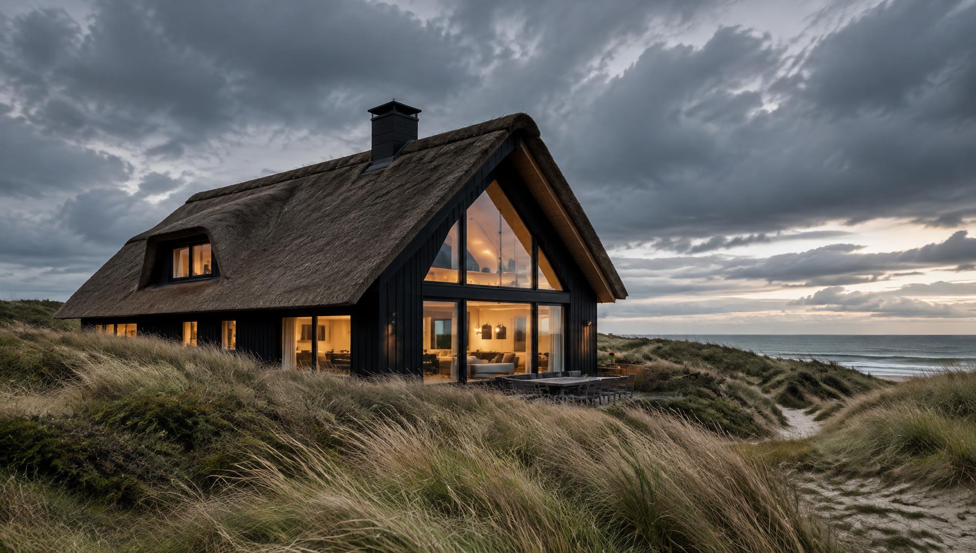 Reetgedecktes dunkles Ferienhaus in den Dünen mit warm beleuchteten Fenstern