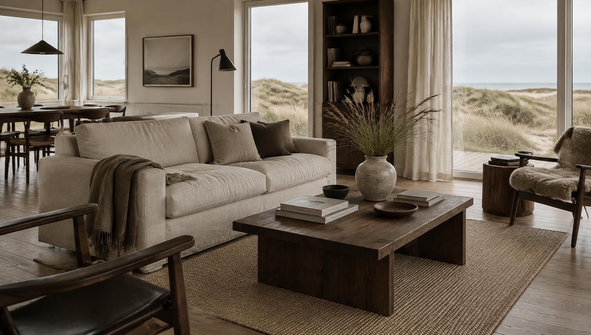 Wohnraum eines Ferienhauses mit Leinensofa und Blick auf die Dünen