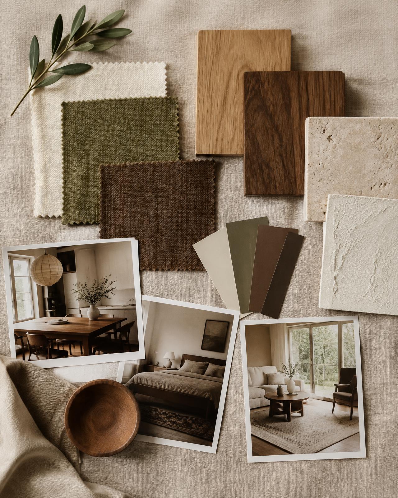Moodboard mit Stoff-, Holz- und Steinmustern