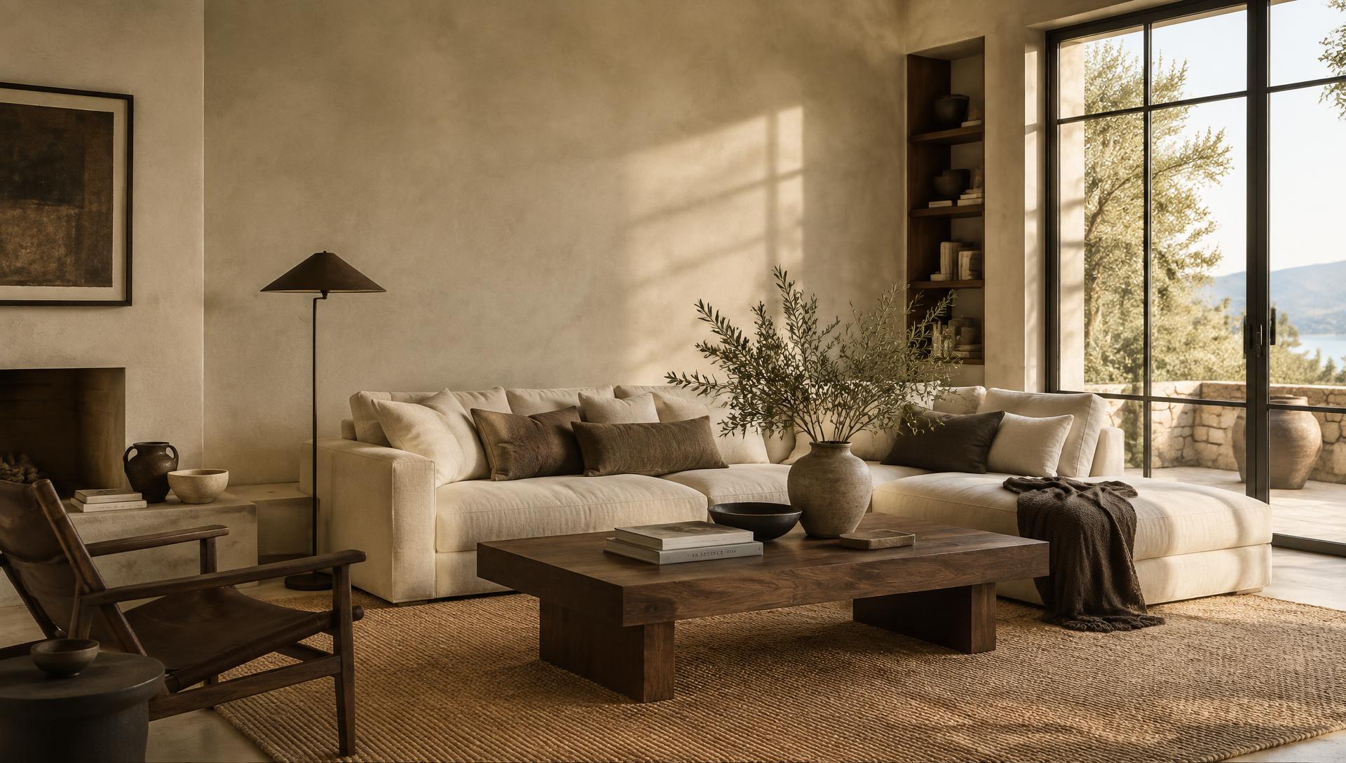Warmes Wohnzimmer eines Ferienhauses mit Leinensofa, dunklem Holztisch und Blick ins Grüne