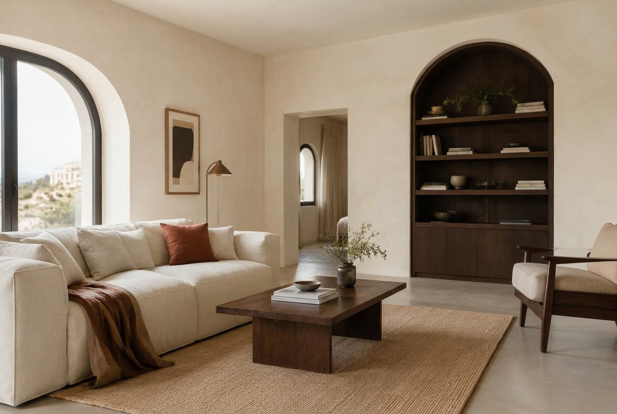 3D Visualisierung eines Wohnraums mit Leinensofa und dunkler Holznische