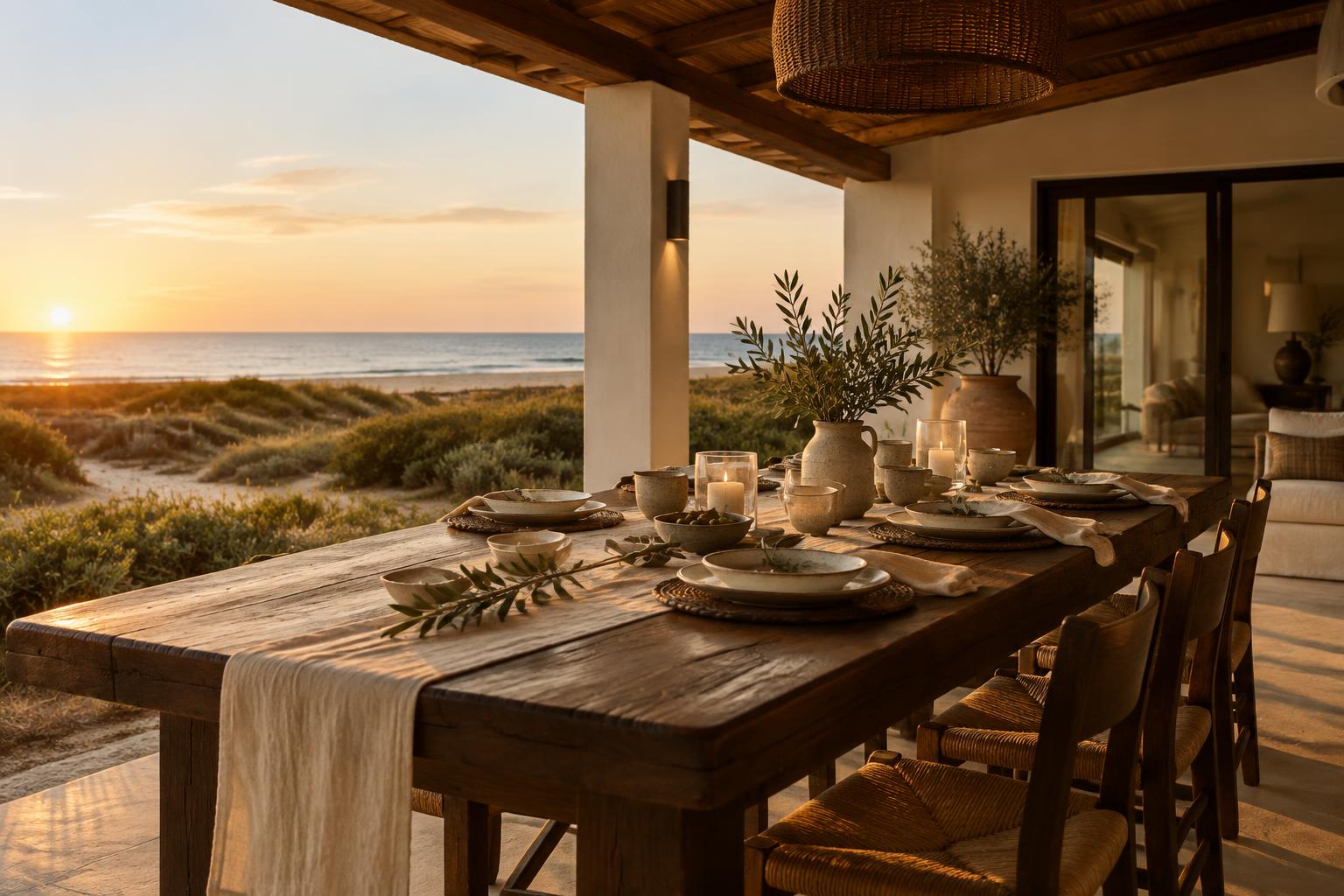 Gedeckte Terrasse eines Ferienhauses bei Sonnenuntergang mit Blick auf Dünen und Meer